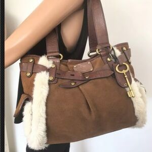 🔑 FOSSIL ADRINA TAN, SADDLE BROWN GENUINE LEATHER+FAUX FUR LARGE TOTE HAND BAG